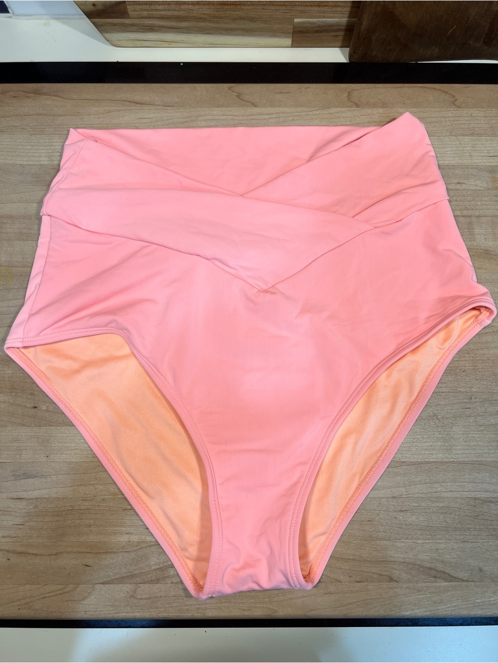 High-Waist Coral Pink Bikini Bottom with Crossover Waistband